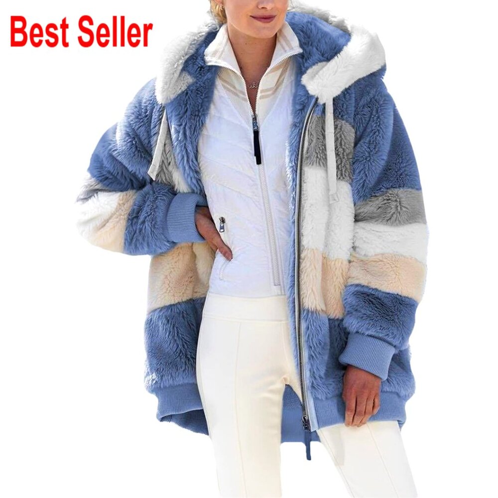 Fleece Hooded Cardigan With Color Block Patchwork And Pockets
